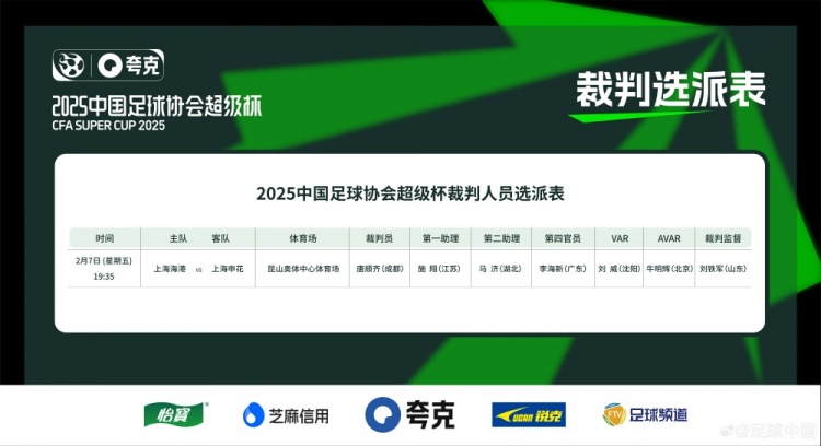  超級杯海港vs申花裁判員名單：主裁判唐順齊，VAR劉威