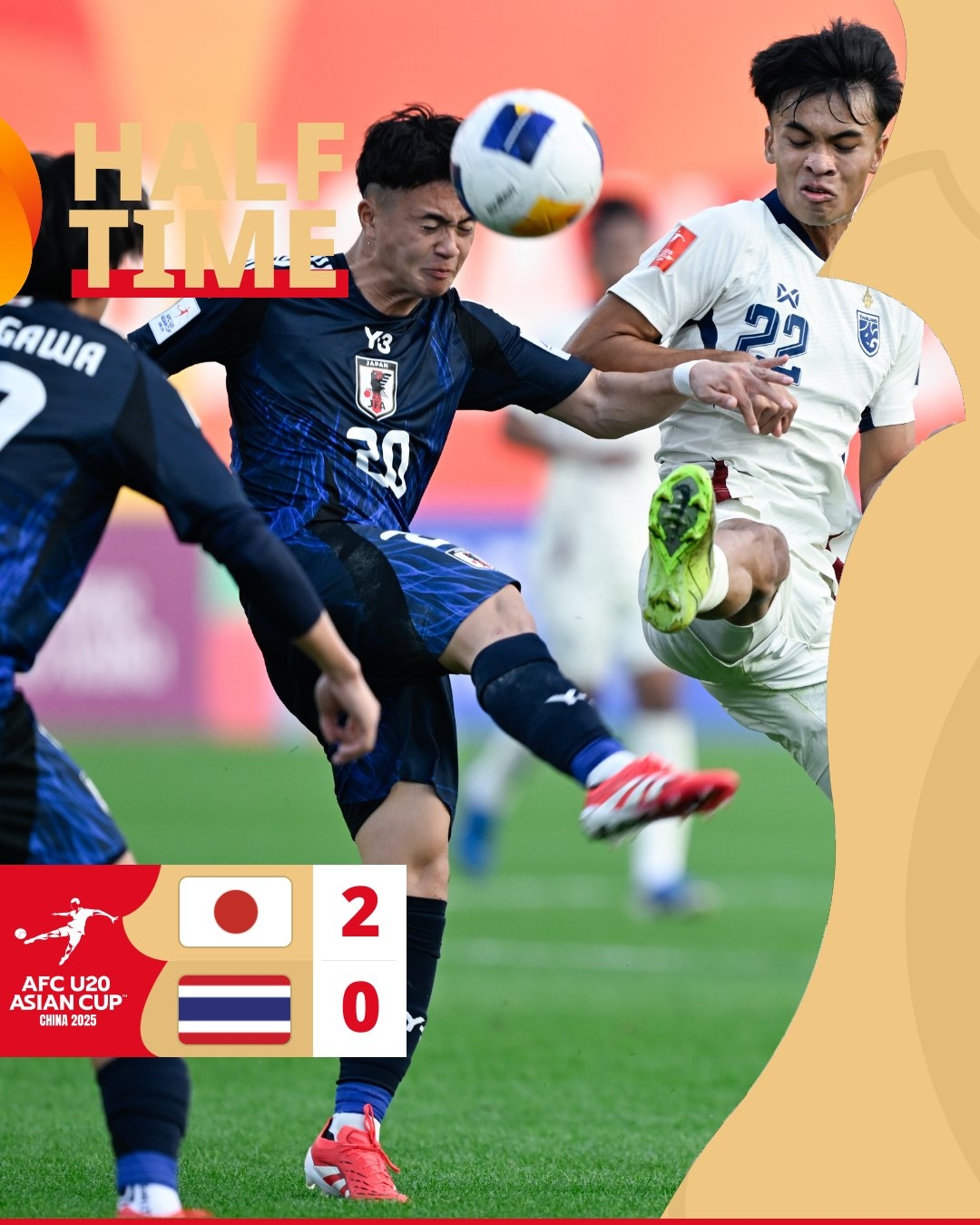  半場(chǎng)-日本U20 2-0領(lǐng)先泰國(guó)U20，石井久繼破門+中柱 泰國(guó)0射正