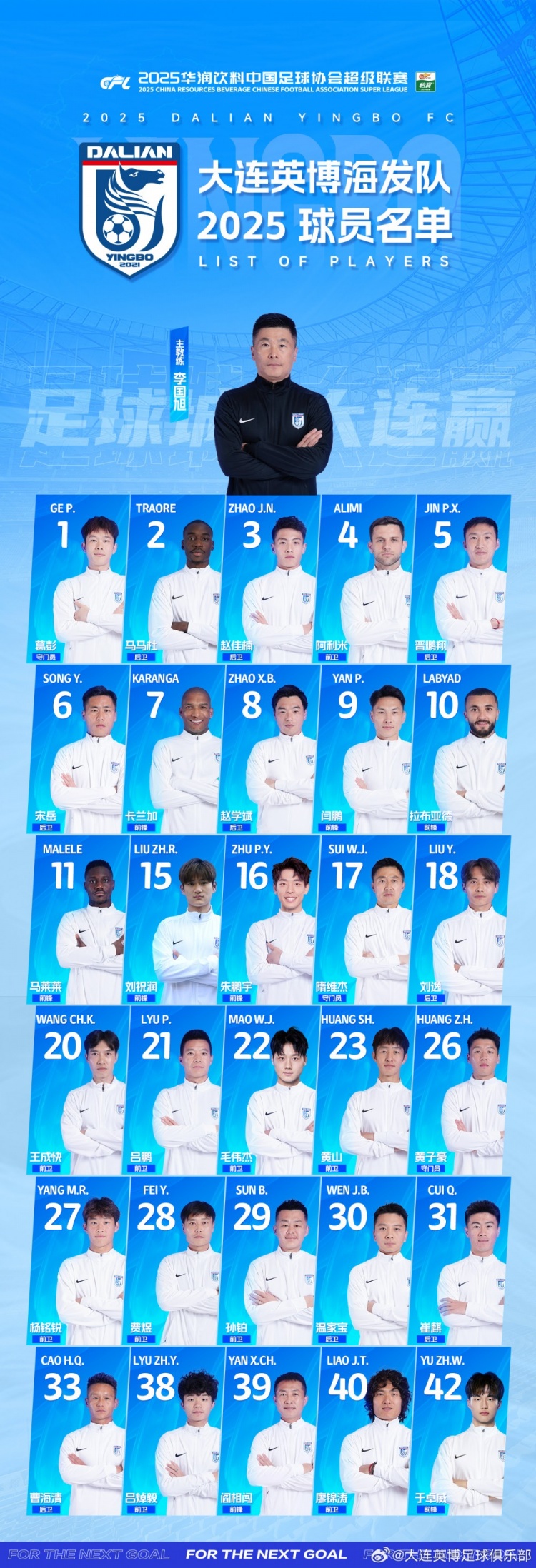  大連英博一線隊(duì)名單：10號(hào)拉布亞德領(lǐng)銜五外援，共30名球員入選