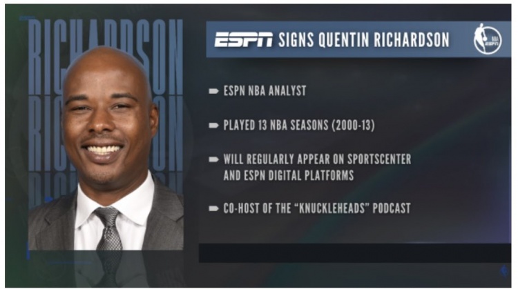 ESPN:正式簽約前NBA球員昆汀-理查德森 后者將擔任解說